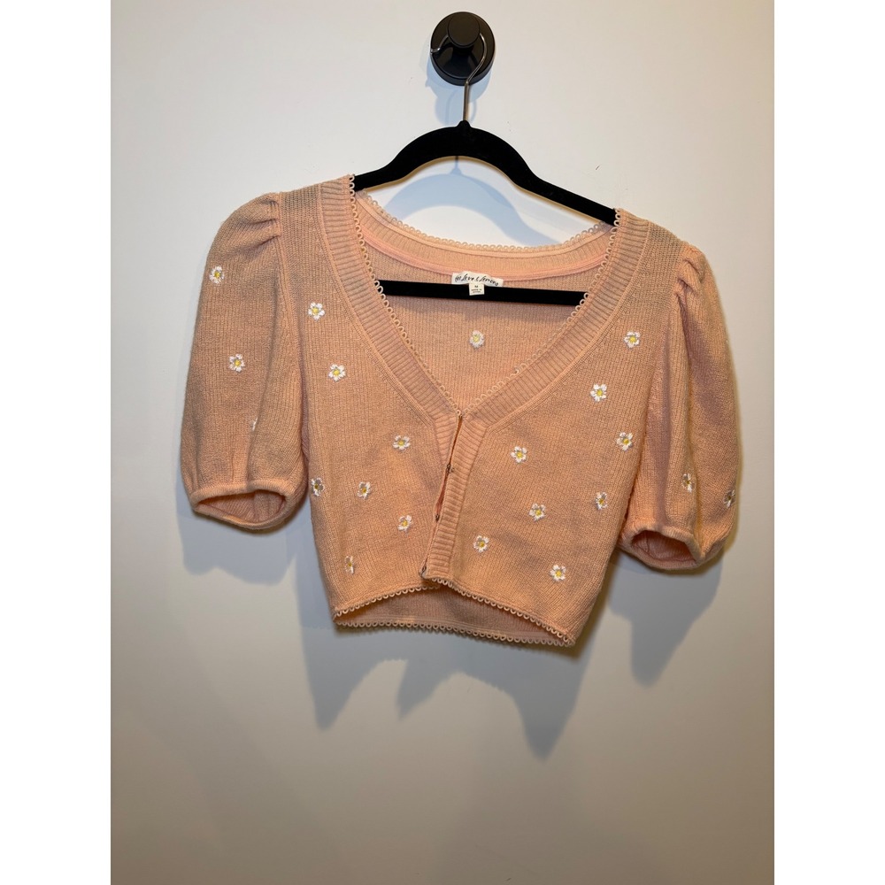 For Love & Lemons Peach Daisy Embroidered Puff Sleeve Crop Cardigan Sweater M